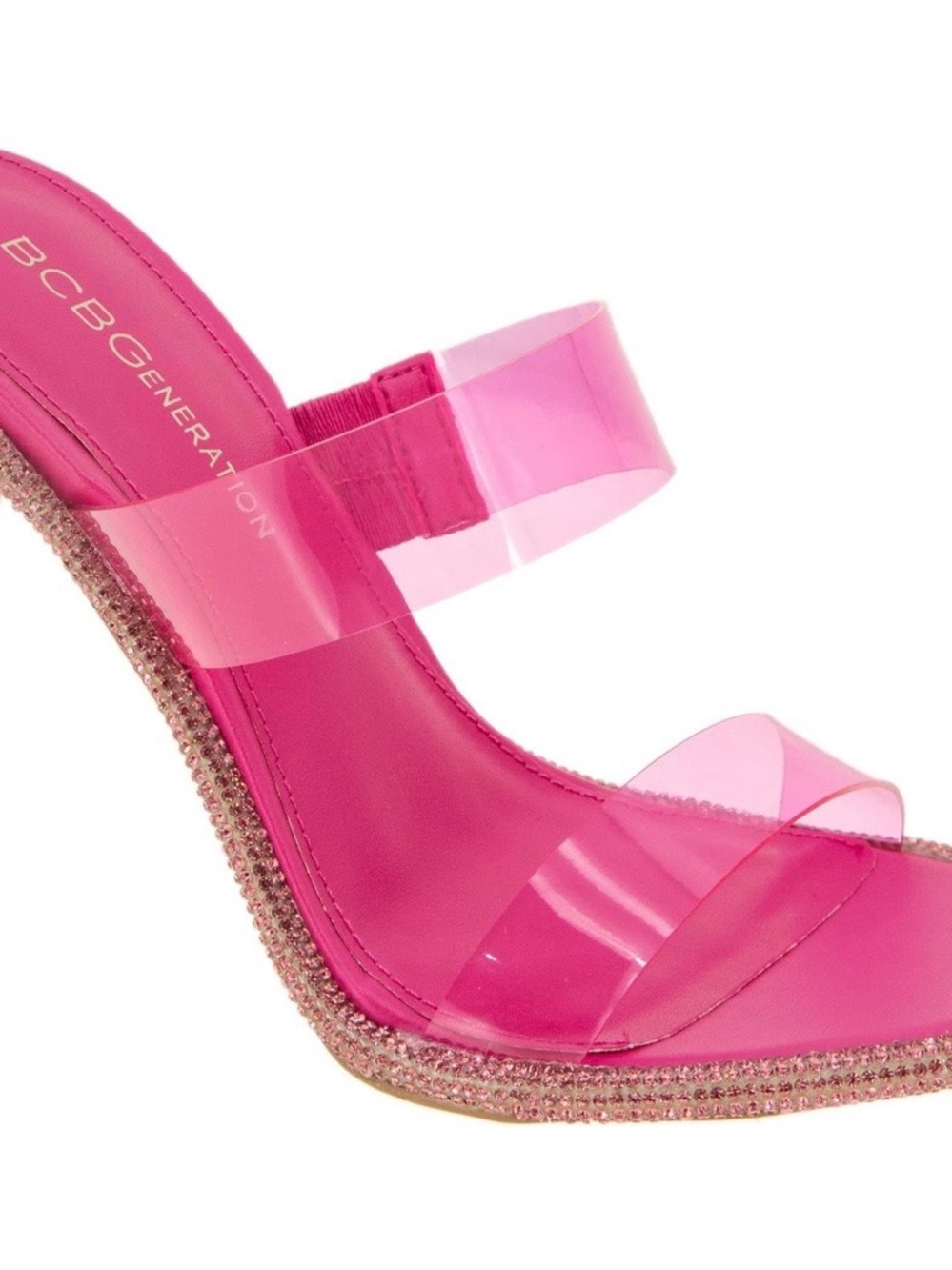 BCBGeneration Pink Clear Strap Slide Heel with Sparkle Trim
